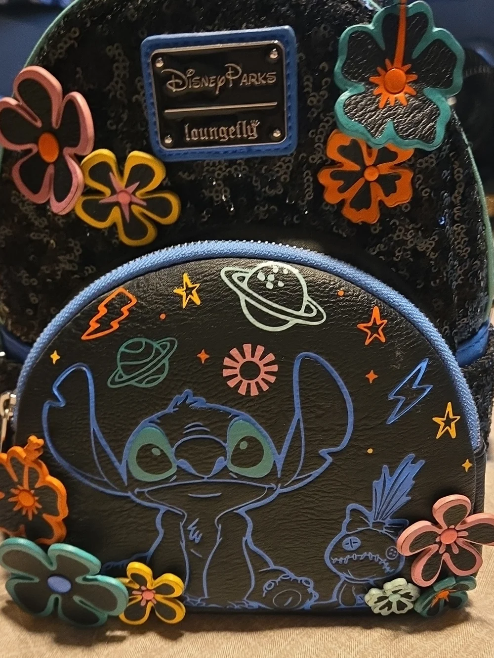 Loungefly Black Blue Multicolor Stitch Floral Space Mini Backpack